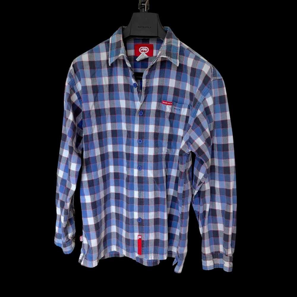 90's Ecko Unltd Large Blue Plaid Long Sleeve Button Down Cotton Shirt Distressed
